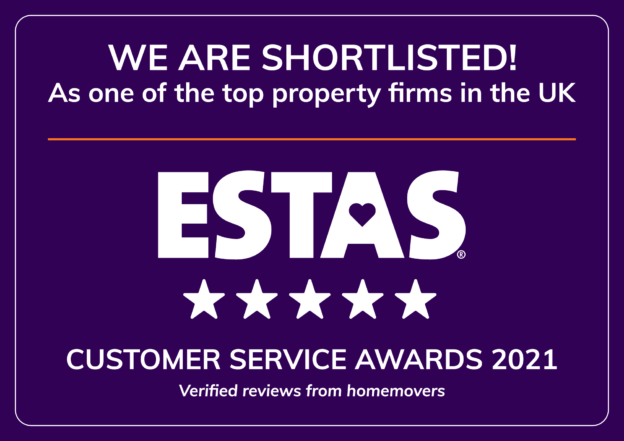 ESTAS customer service awards 2021, shortlisted badge, 5 stars, we are shortlisted as one of the top property firms in the UK